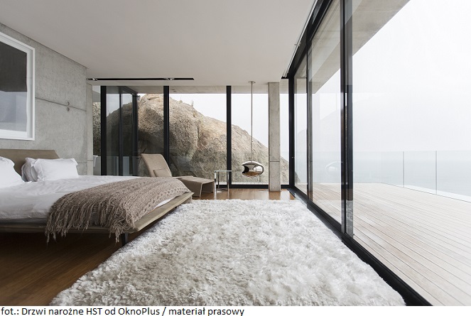 Shag rug and glass walls in modern bedroom