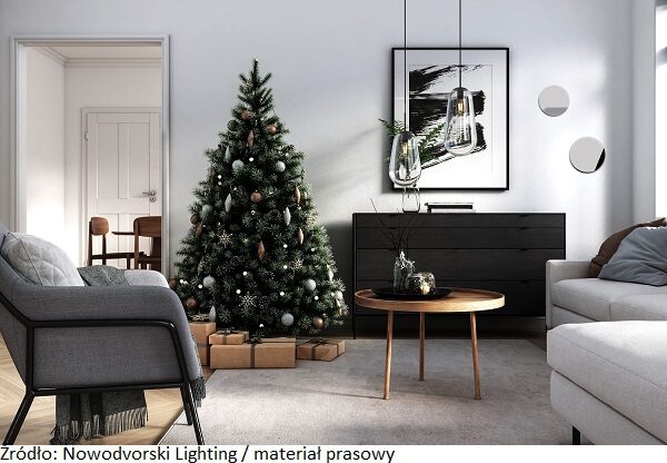 Christmas Tree In living room - 3d render beige, brown and orange colored furniture and wooden elements