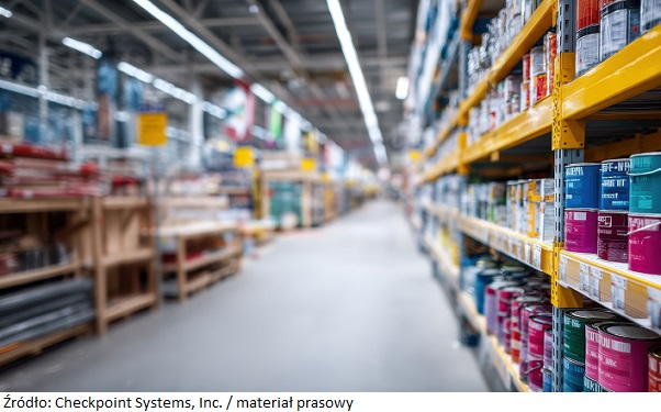 Colorful paint cans on home improvement store shelves in aisle perspective